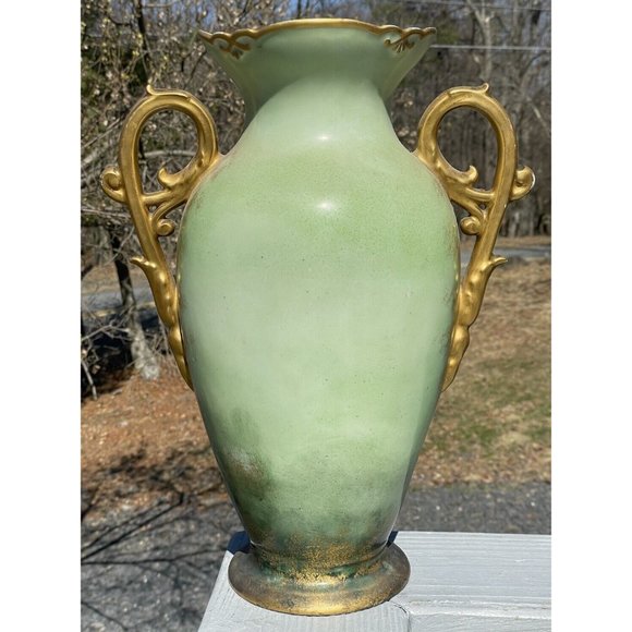 LARGE 15.5" Antique Continental Porcelain Hand Painted Gilt Handled Vase - Picture 13 of 16